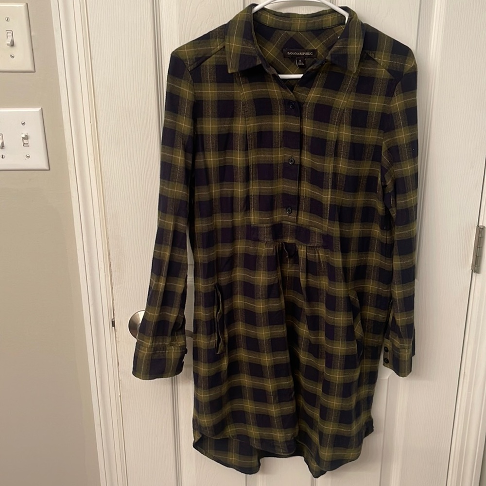 Banana Republic Womens Flannel Dress Tunic Pockets Small S Green